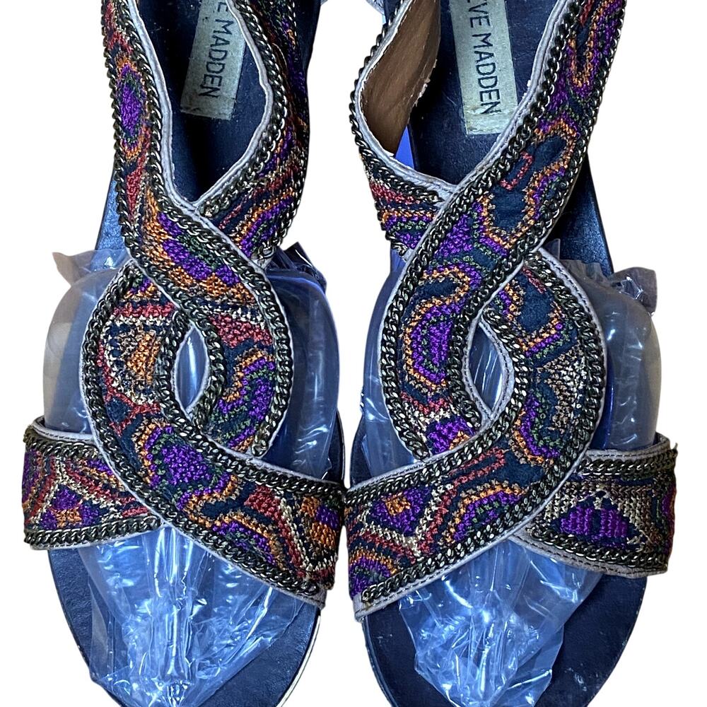 Embellished Mini Wedge Tribal Embroidery Steve Madden Summer Boho Sandals - 9.5
